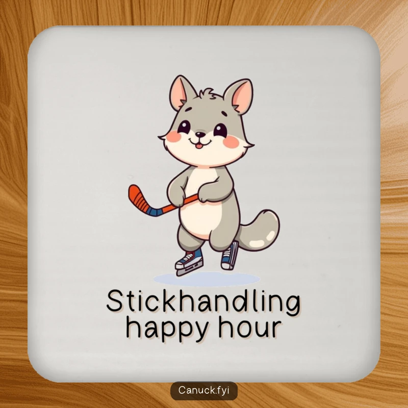 Funny coaster with a playful animal character dancing with a miniature hockey stick. Protects surfaces with sporty charm.
