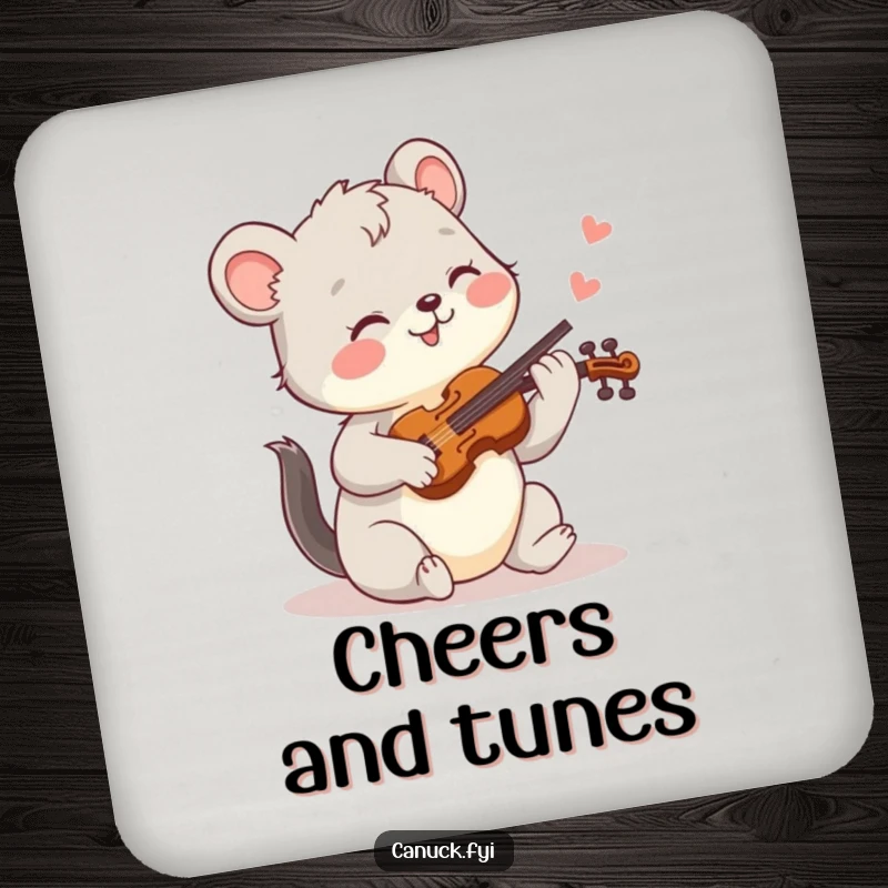 Funny drink coaster with a joyful animal playing a tiny fiddle, adding musical humor and cheer to tabletops.