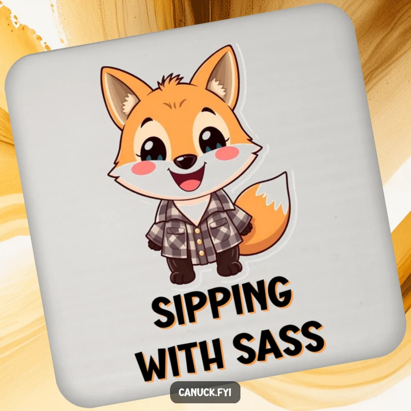 Funny lumberjack fox coaster, playful fox in checkered lumberjack shirt with a wide grin, drink protector.