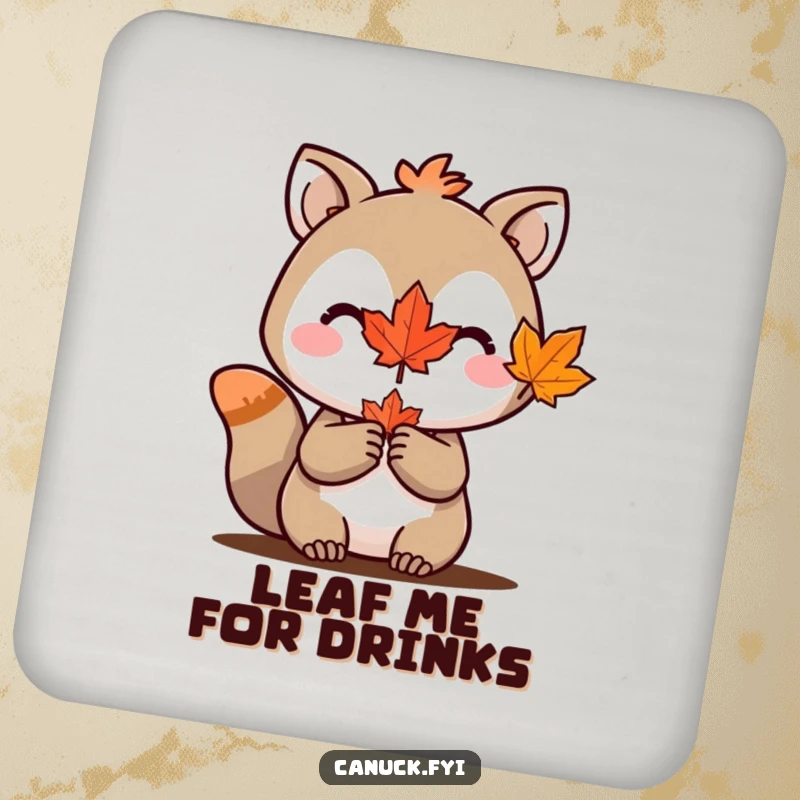 Funny drink coasters featuring an animal character proudly holding a miniature maple leaf, perfect for Canadian themed gatherings.