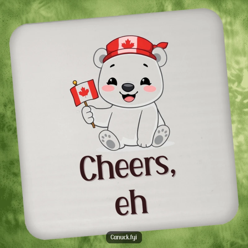 Funny Polar Bear Drink Coaster featuring a smiling polar bear proudly holding a miniature Canadian flag, perfect for protecting surfaces with pride.