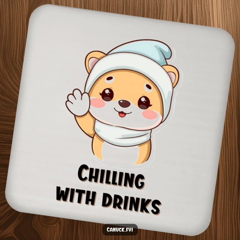 Funny Coaster featuring an animal in a cozy winter hat, happily waving, perfect for protecting surfaces.