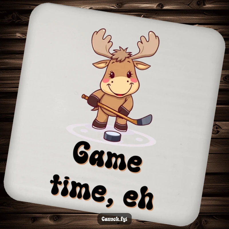 Funny smiling moose coaster, playing hockey, tapping a puck, protects surfaces, adds sporty humor to any setting, a fun gift.