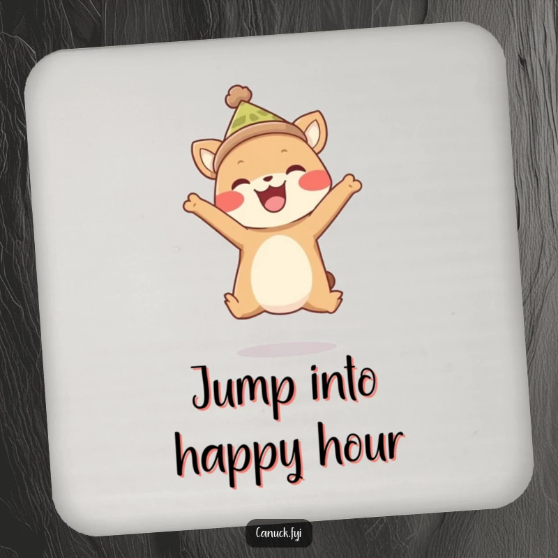 Funny coaster with a happy animal wearing a toque, captured mid-joyful leap. Protects furniture with a dose of cheer.