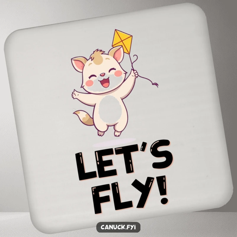 Funny joyful animal coaster, bright smile, dancing with a colorful kite, playful drink protection.