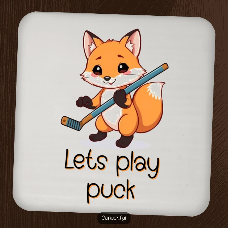 Funny playful fox drink coaster, balancing a hockey stick on its paw, a humorous and functional home accessory.
