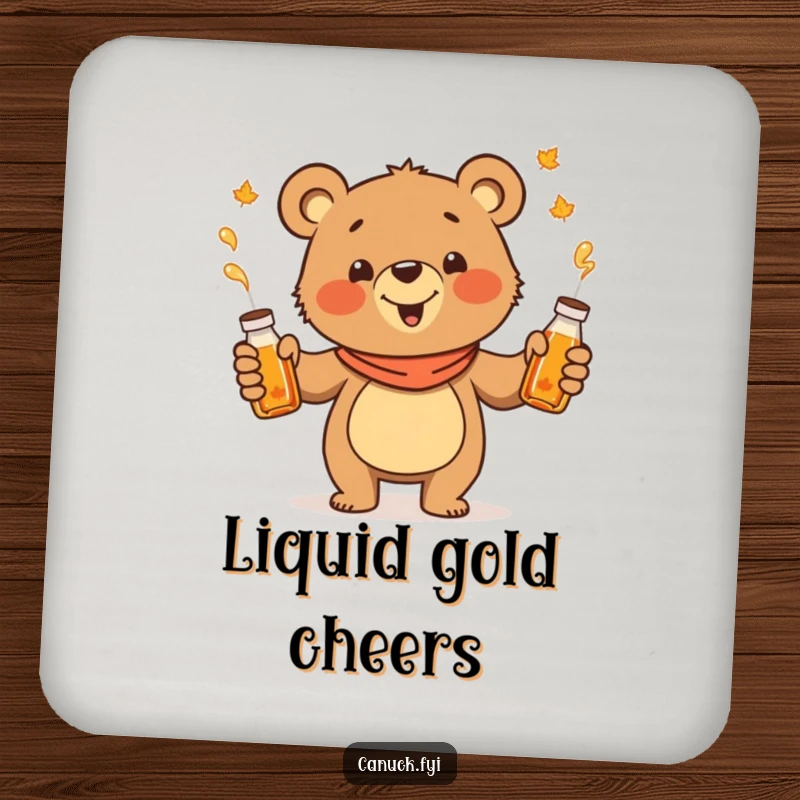 Funny juggling bear coaster, cheerful cartoon bear juggling maple syrup bottles, drink protector.