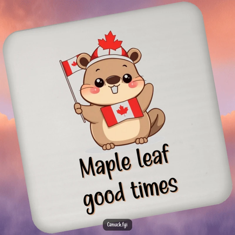 Funny cute beaver coaster, maple leaf hat, waving Canadian flag, protects surfaces, adds patriotic charm to any setting, a sweet gift.