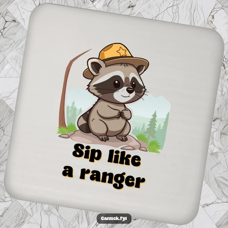 Funny park ranger raccoon coaster, small, round, wearing a hat, surveying a scenic view, protects surfaces with humor.