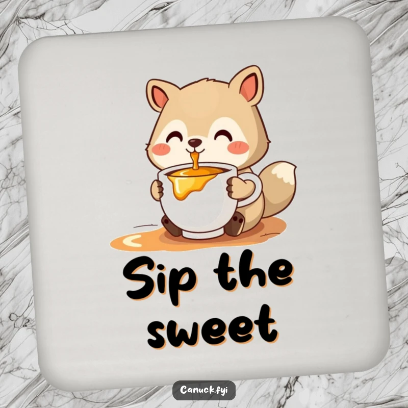 Funny stylized animal coaster offering a cup of steaming maple syrup, perfect for adding sweet, humorous protection to any table.