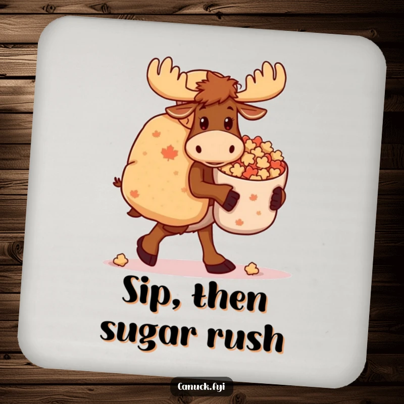 Funny Moose Coasters: A clumsy moose carries a large bag of maple candies, adding a humorous and protective element to surfaces.