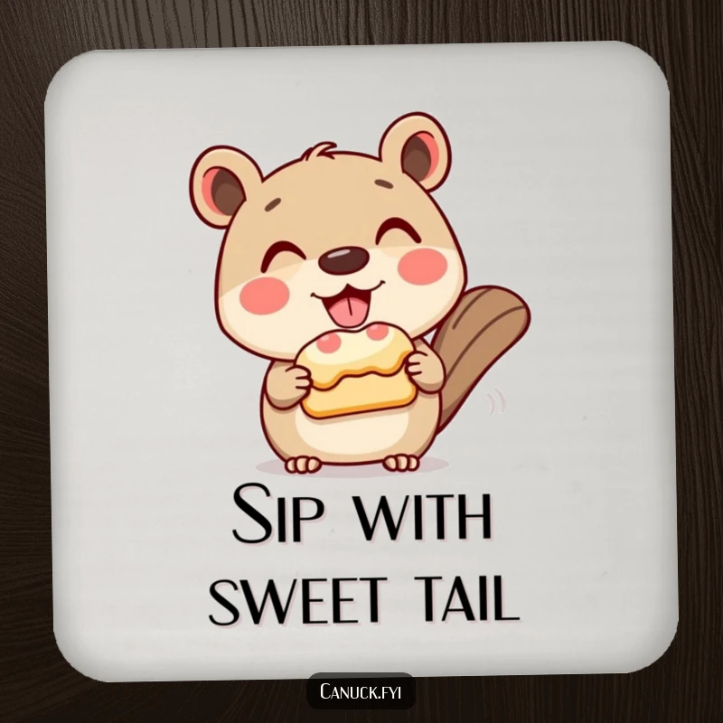 Funny drink coaster featuring a grinning animal character politely offering a beaver tail pastry, adding sweet flair to any table.