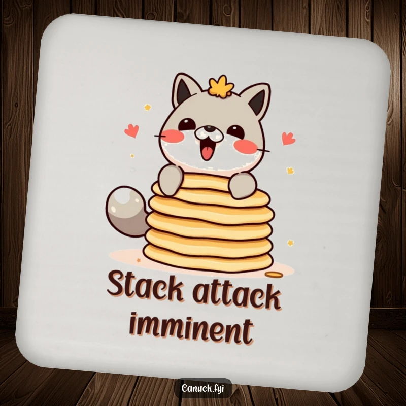 Funny Canadian animal character drink coaster, attempting to balance a stack of pancakes, protects tables.