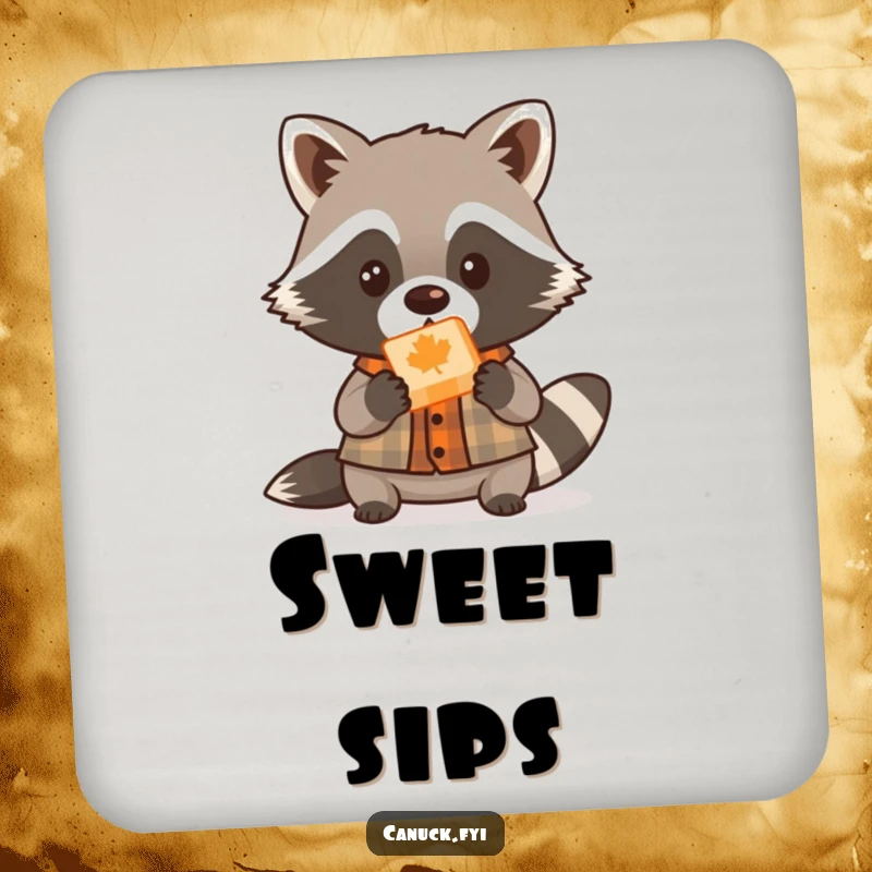 Funny cute raccoon lumberjack coaster, small shirt, offering maple candy, playful drink protection.