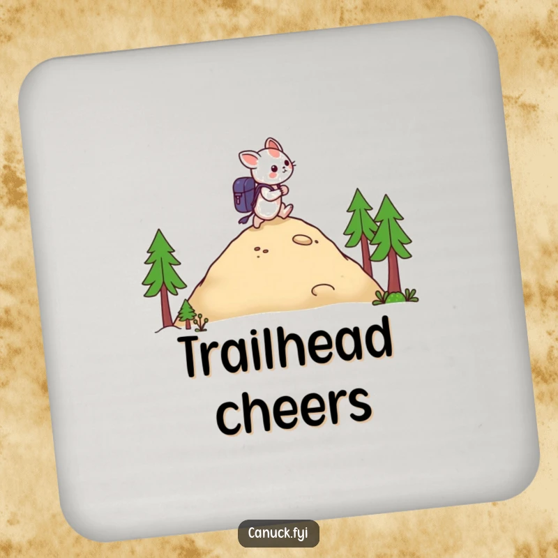 Funny drink coaster with a creature carrying a backpack hiking a hill, adding a humorous touch to tabletops.