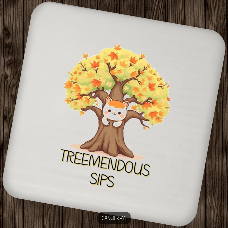 Funny drink coasters featuring a happy animal character embracing a large, symbolic maple tree, perfect for nature-themed drinks.