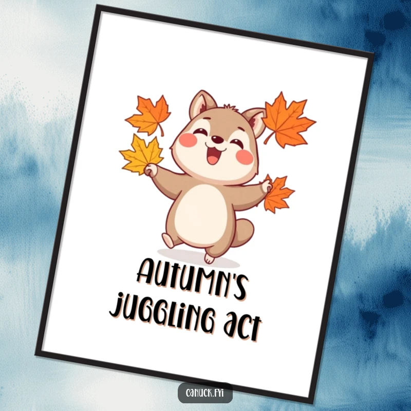 Funny poster print of a happy animal with a joyful expression, skillfully juggling three stylized maple leaves in a playful manner.