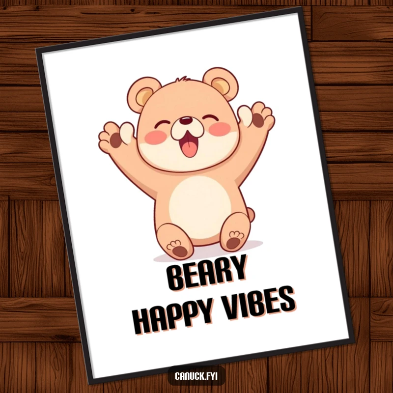 Funny poster art of a happy bear character enthusiastically cheering with both paws up, energetic funny gift.