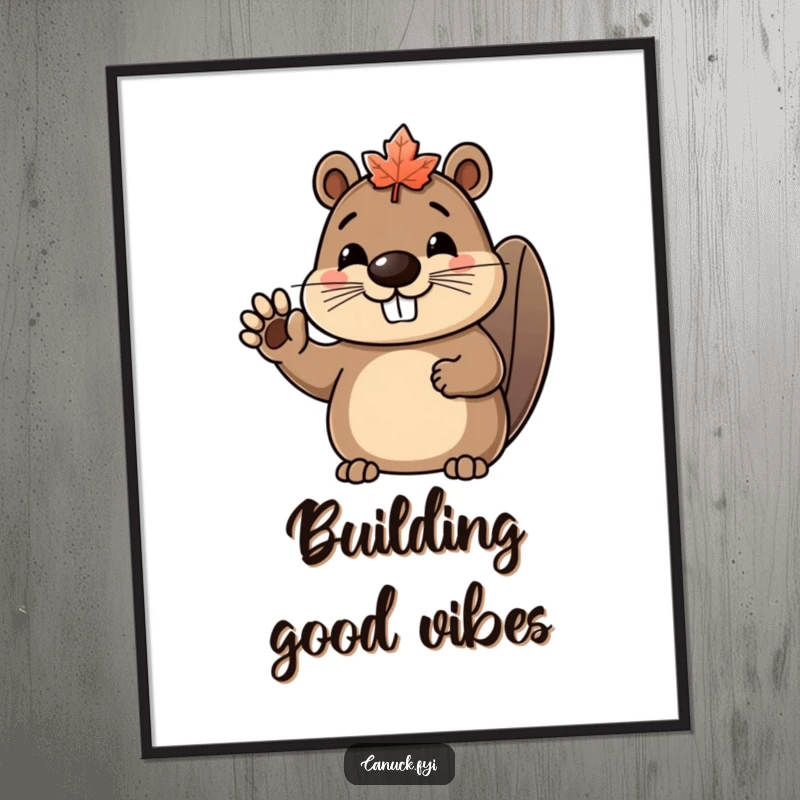 Funny beaver poster showcasing a happy beaver character wearing a tiny maple leaf hat and waving with enthusiasm.
