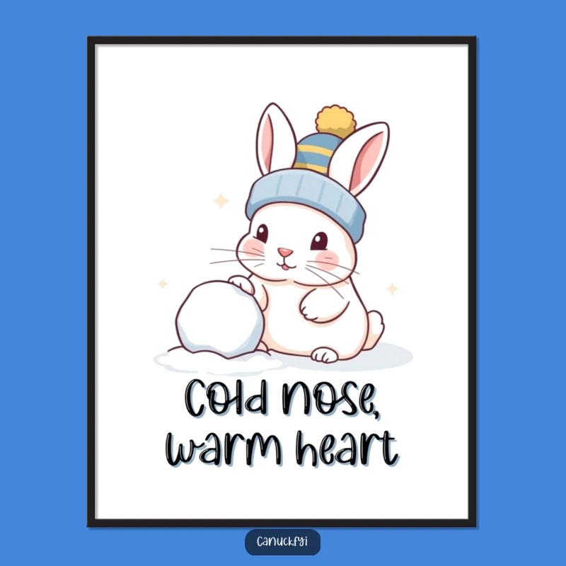 Funny Curious Rabbit Snowball Poster, Playful Nudge Perfect Wall Art Gift
