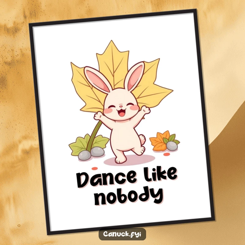 Funny rabbit poster capturing a bouncy rabbit character joyfully dancing near a large, iconic maple leaf.