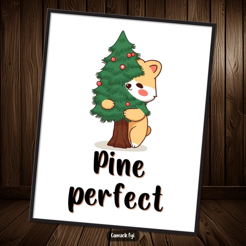 Funny poster illustration of a cartoon animal embracing a stylized pine tree, bringing nature-themed humor to walls.
