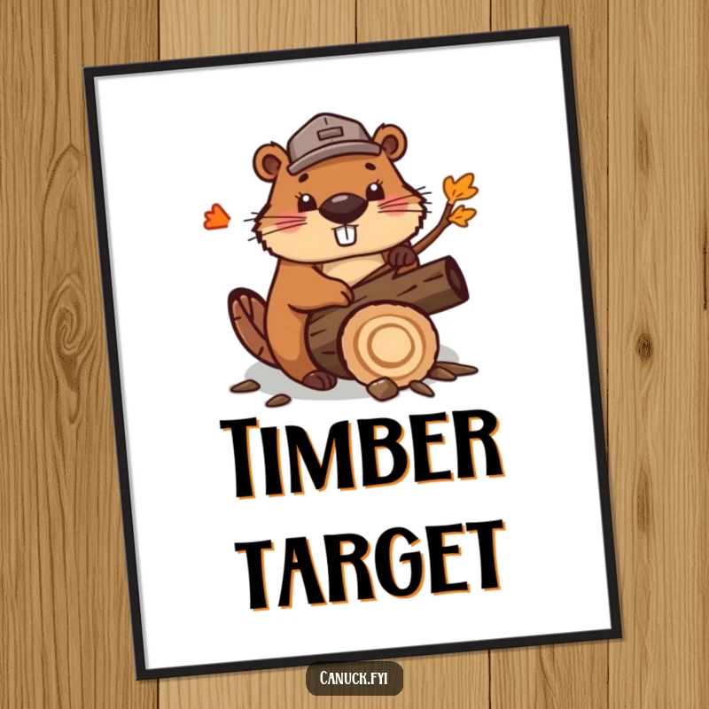Funny cute beaver poster, wearing a lumberjack hat, enthusiastically chopping a stylized maple log. Humorous and rustic wall art.