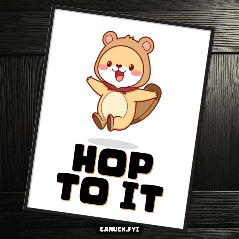 Funny animal poster capturing a creature in a beaver tail costume, hopping with immense excitement and a wide, joyful grin.