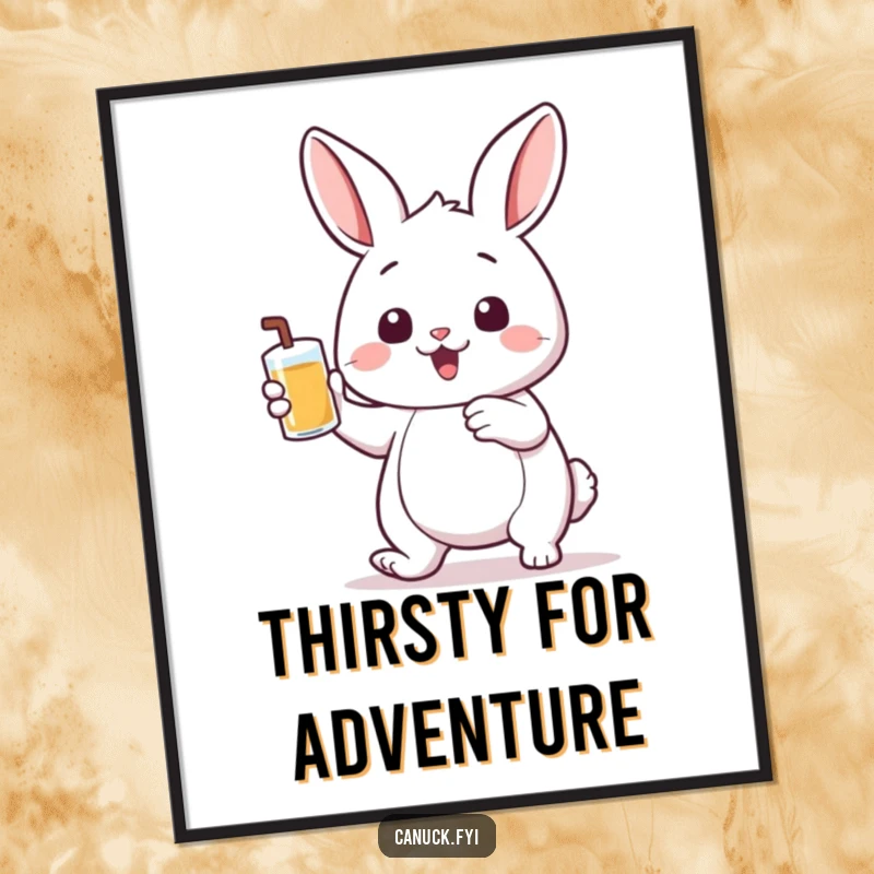 Funny poster of a bouncing rabbit holding a small pint of liquid, celebrating thirst and joy in a humorous artistic style.