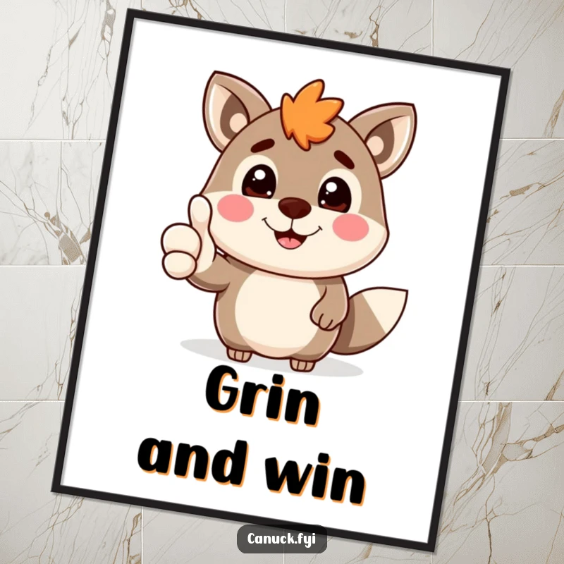 Funny Canadian animal character with a wide, happy grin giving a thumbs-up, presented as cheerful digital art for walls.