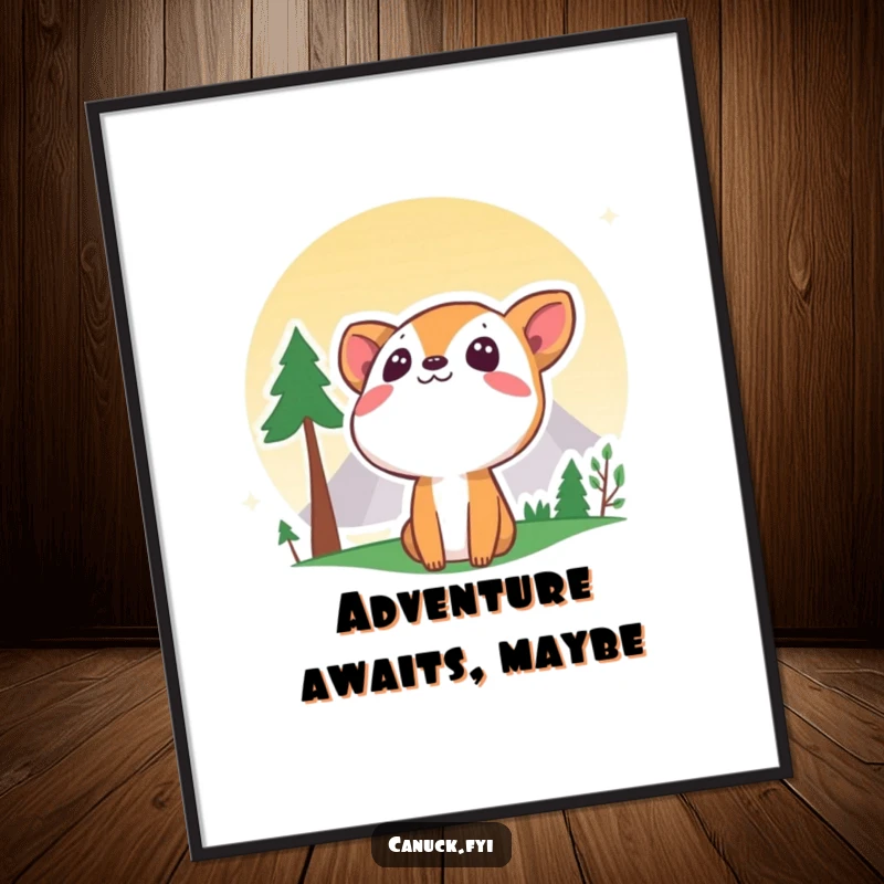 Funny curious animal poster gazing at a majestic stylized mountain, creating an inspiring and humorous wall decor piece.