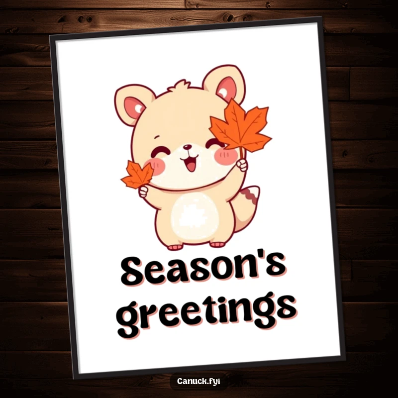 Funny poster print of a cute animal character holding a maple leaf and waving enthusiastically, perfect for seasonal decor.
