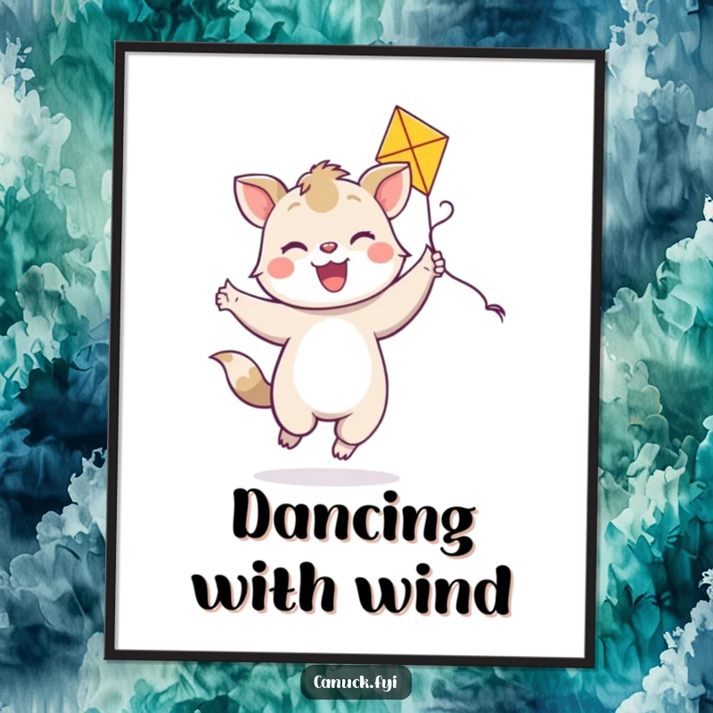 Funny joyful animal poster, bright smile, dancing with a colorful kite, playful wall art, humorous illustration.