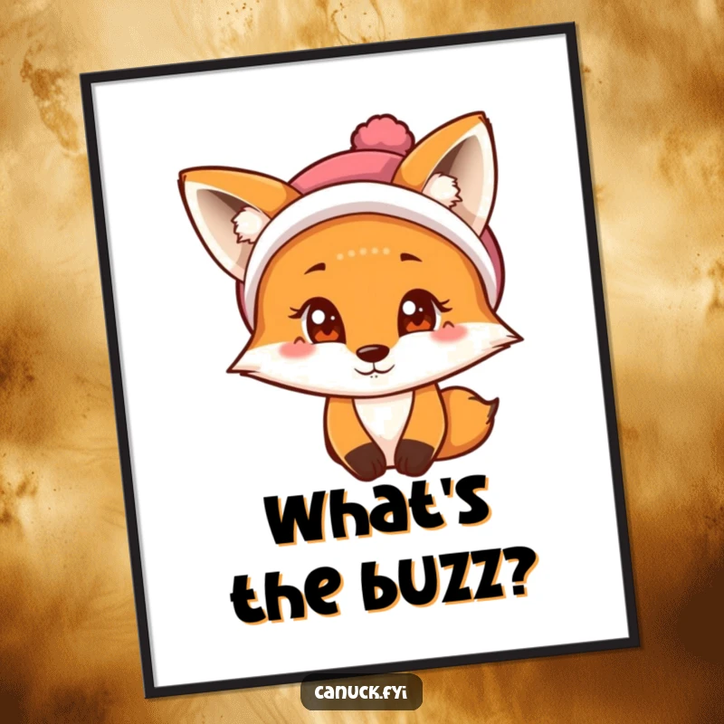 Funny Fox Poster: A curious fox with a twinkling eye wears a winter tuque, adding artful charm.