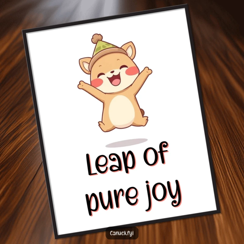 Funny poster of an ecstatic animal wearing a miniature toque, performing an exuberant, joyful leap. Captures sheer happiness.