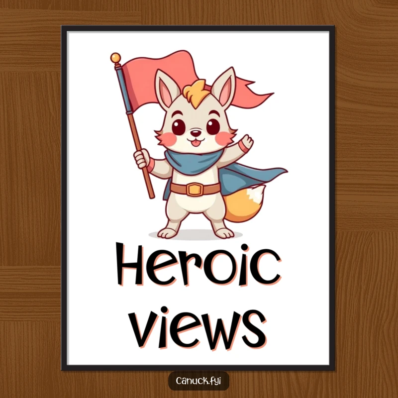 Funny poster art of a proud animal character in a heroic pose holding a flag, inspirational funny gift.