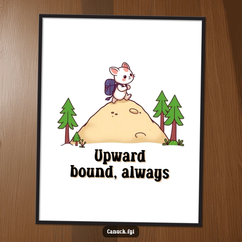 Funny poster illustration of a creature with a backpack hiking a hill, bringing humor and adventure to wall decor.