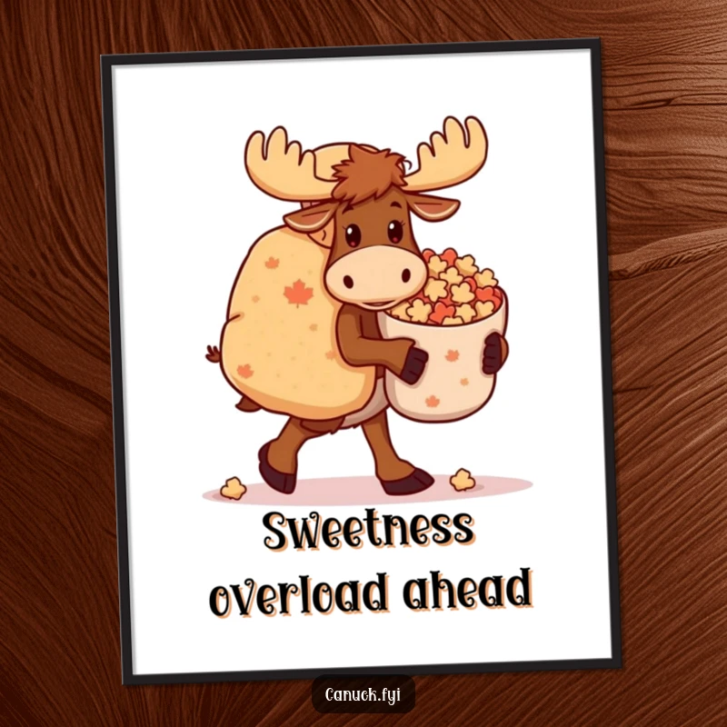 Funny Moose Poster: A lumbering moose humorously carries a large bag of maple candies, creating a scene of sweet, endearing humor.