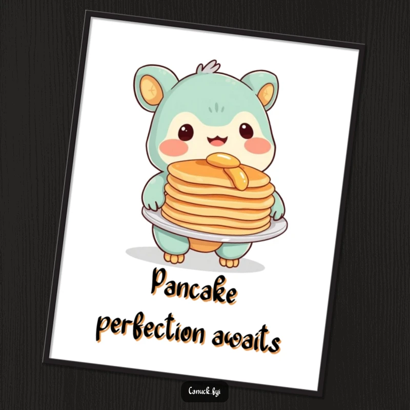 Funny Poster of a creature with a beaming smile, generously offering a stack of fluffy pancakes, adding cheerful decor.