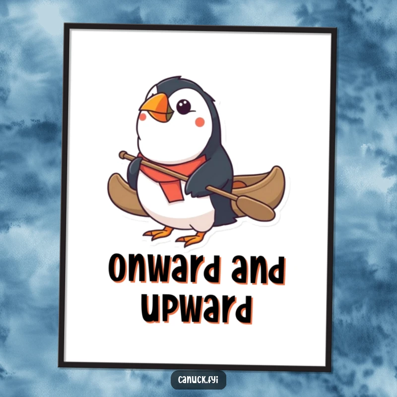 Funny Puffin Poster: A determined puffin paddles a small canoe across a vast expanse, a funny and inspiring scene for any wall. Excellent funny gift.