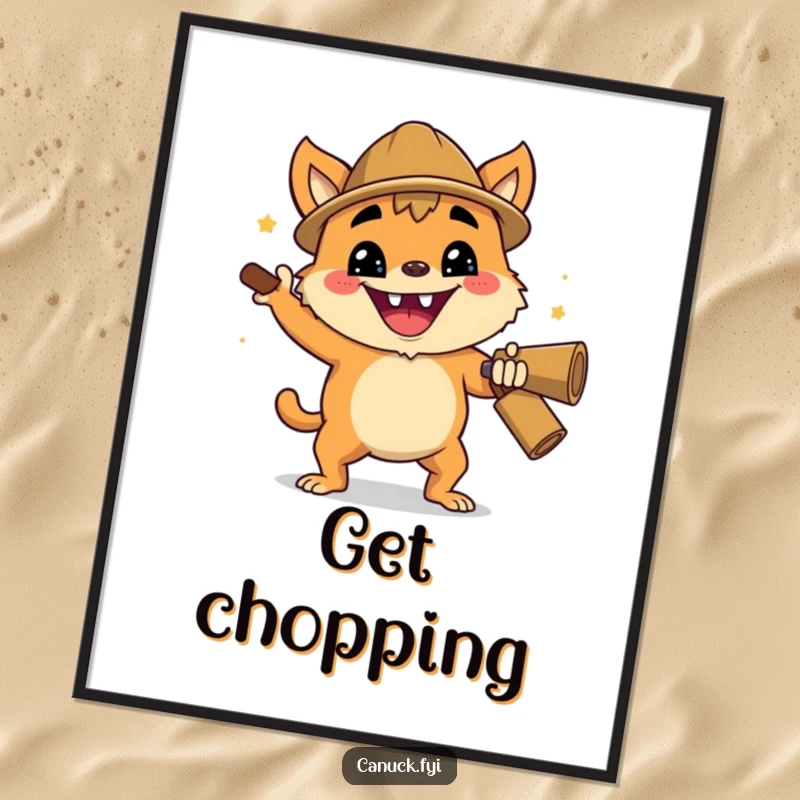 Funny poster art showing a creature with an enthusiastic grin performing a cheerful lumberjack chop, celebrating the joy of work.