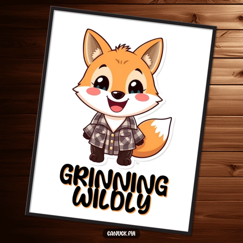 Funny lumberjack fox poster, playful fox in checkered lumberjack shirt with a wide grin, rustic wall art.