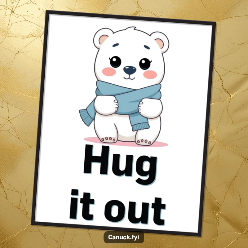 Funny poster art showing a smiling polar bear wearing a scarf, offering a big, comforting hug.