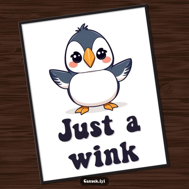 Funny poster art of a proud puffin wearing a miniature toque and giving a confident, playful wink.