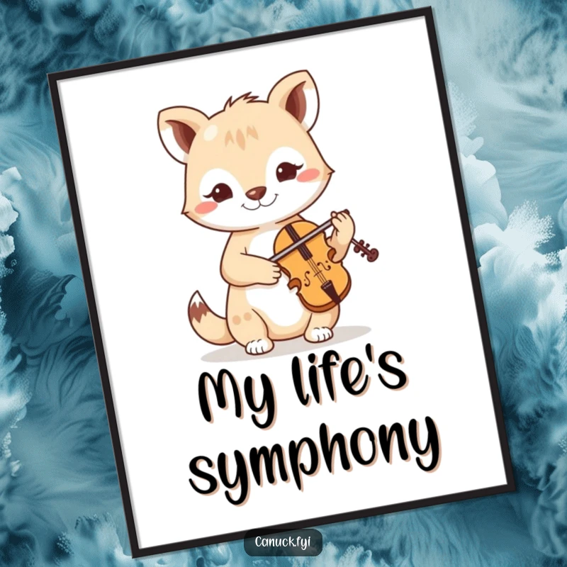 Funny poster print of a friendly animal with a determined expression, playing a tiny fiddle with impressive skill and focus.