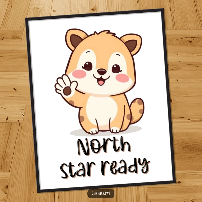 Funny poster illustration of an animal waving and pointing north, adding humorous charm to any wall.