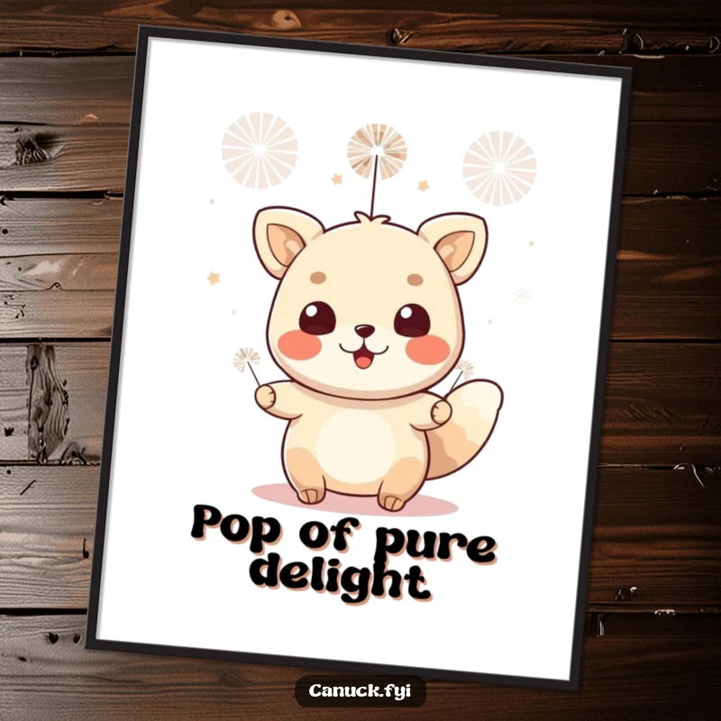 Funny poster of a cheerful animal character celebrating joyfully with small, colorful fireworks. Adds a dynamic, festive touch.