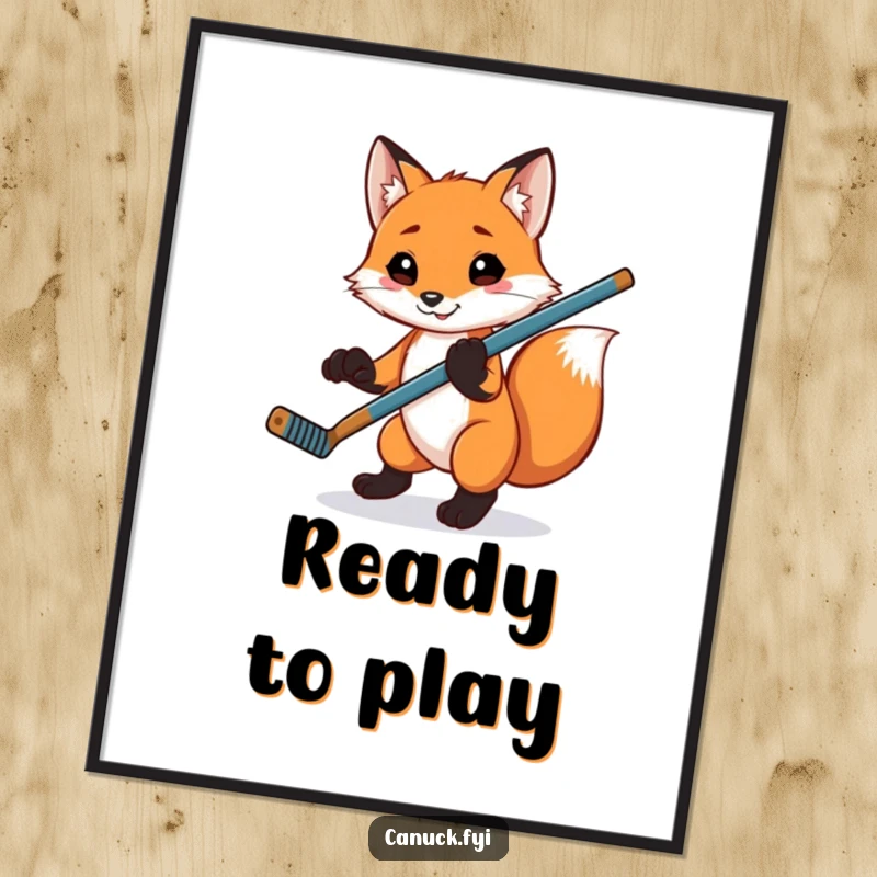Funny playful fox poster, balancing a hockey stick on its paw, a dynamic and humorous piece of wall art.
