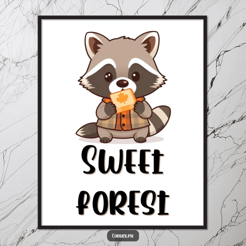 Funny cute raccoon lumberjack poster, small shirt, offering maple candy, playful woodland wall art, humorous illustration.