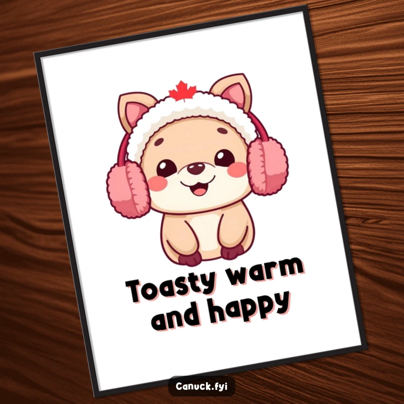 Funny Canadian animal character poster, wearing fuzzy earmuffs and smiling warmly, a cheerful winter decoration.